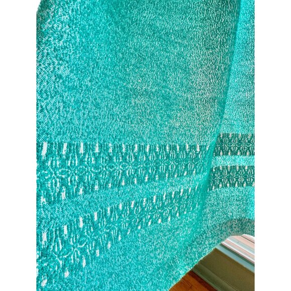 Vintage 70 curtain, deep teal jewel tone, white embroidered detail, thick woven - Picture 4 of 10